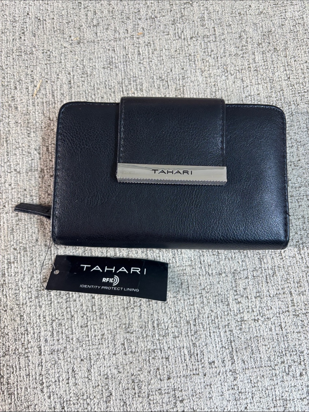 Tahari Black Leather RFID Zip Wallet with Metal Logo